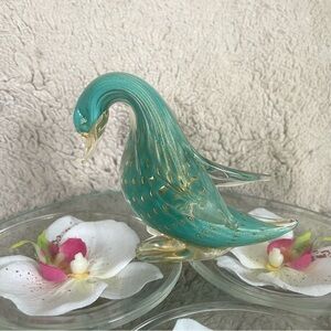 Murano Glass Green and Gold Glass MCM Bird Figurine